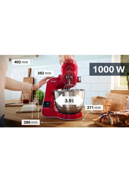 MUM5X720 Serie 4 Kitchen machine with scale MUM 5 1000 W Kırmızı, Gümüş