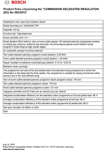 WQG244C1TR Serie 6 Isı Pompalı Kurutma Makinesi 9 kg